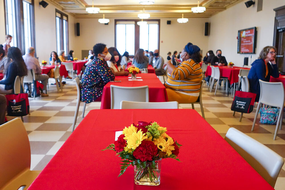 SLRC conference -  a red table with flowers in Maryland colors