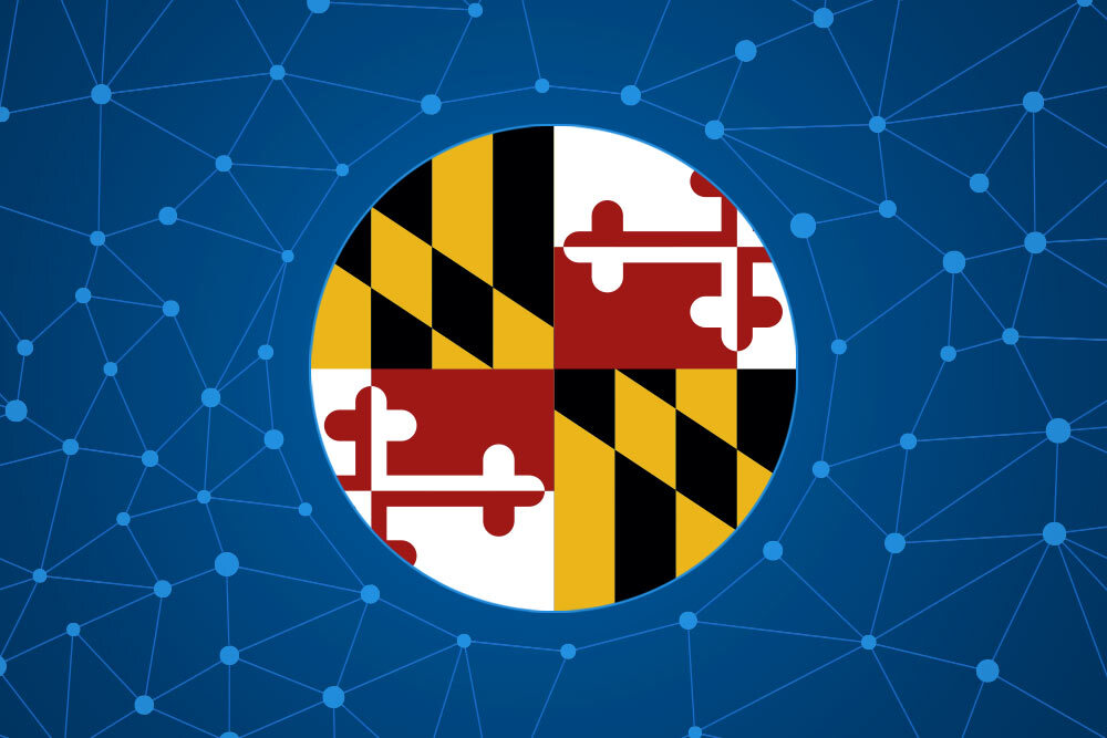 Maryland flag graphic on a connected network of lines and dots, representing web links