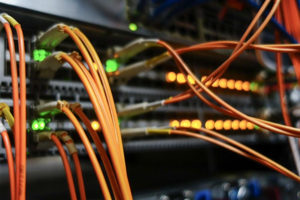 IT network servers with wires and lights