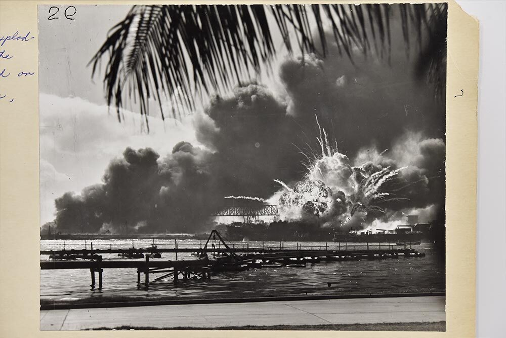 SLRC research guide subject, Pearl Harbor - photograph of the USS SHAW exploding during the Japanese raid on Pearl Harbor from the National Archives